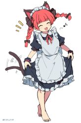 Rule 34 | 1girl, alternate costume, animal ears, apron, barefoot, black dress, blush, braid, cat ears, cat tail, closed eyes, dress, enmaided, extra ears, fang, frilled apron, frilled dress, frills, full body, highres, kaenbyou rin, long hair, maid, maid apron, maid headdress, multiple tails, open mouth, ramudia (lamyun), red hair, short sleeves, simple background, smile, solo, tail, touhou, twin braids, twitter username, two tails, white apron, white background, wrist cuffs