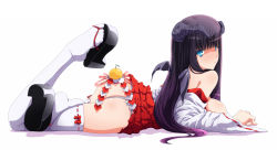 Rule 34 | 1girl, :&lt;, ass, bare shoulders, black hair, breasts, feet, food, fruit, fundoshi, highres, horns, japanese clothes, large breasts, long hair, miko, mnjs, original, platform footwear, solo, thighhighs, white thighhighs, wings