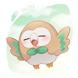 Rule 34 | 025sakura393, bird, blush, closed eyes, commentary request, creatures (company), full body, game freak, gen 7 pokemon, highres, nintendo, no humans, open mouth, owl, pokedex number, pokemon, pokemon (creature), rowlet, solo, sparkle