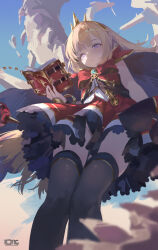 Rule 34 | 1girl, absurdres, artist name, belt, blonde hair, blunt bangs, book, bracelet, breasts, cagliostro (granblue fantasy), cape, chinese commentary, cloud, cloudy sky, dress, expressionless, floating clothes, floating hair, frilled dress, frills, from below, granblue fantasy, headband, highres, holding, holding book, jewelry, light frown, long hair, loong (loong blo), open book, potion, purple eyes, red cape, sky, small breasts, solo, thighhighs, twitter username