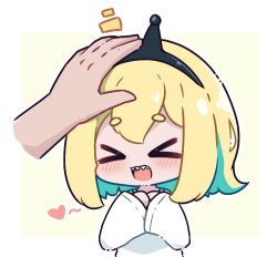 Rule 34 | &gt; &lt;, 1girl, 1other, :d, amano pikamee, aqua eyes, black hairband, blonde hair, chibi, closed eyes, commentary, disembodied hand, english commentary, hairband, happy, headpat, heart, kurotofu, long sleeves, multicolored hair, off-shoulder shirt, off shoulder, open mouth, sharp teeth, shirt, sleeves past wrists, smile, teeth, two-tone background, two-tone hair, upper body, virtual youtuber, voms, white background, white shirt, wide sleeves, xd, yellow background
