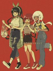Rule 34 | 3girls, bag, belt, black belt, black choker, black footwear, black hair, black shirt, blunt bangs, burger, cardigan, casual, chabashira tenko, choker, commentary, criis-chan, crop top, cup, danganronpa (series), danganronpa v3: killing harmony, denim, disposable cup, drinking straw, eating, food, green hairband, hair ornament, hairband, hairclip, hands up, holding, jeans, long hair, low twintails, multiple girls, overalls, pants, plaid, plaid cardigan, red background, red footwear, red hair, ribbon, shirt, shoes, smile, sneakers, striped clothes, striped shirt, torn clothes, torn pants, transparent bag, twintails, twitter username, white footwear, white hair, white shirt, yellow footwear, yellow shirt, yonaga angie, yumeno himiko