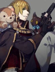 Rule 34 | 1boy, black cat, black coat, black gloves, blonde hair, buttons, cat, coat, commentary request, double-breasted, feet out of frame, gloves, green eyes, grey background, grey pants, gun, handgun, holding, holding gun, holding weapon, long sleeves, looking at viewer, male focus, pants, parted lips, ragnarok online, rebellion (ragnarok online), short hair, smile, solo, stuffed animal, stuffed toy, teddy bear, tokio (okt0w0), weapon