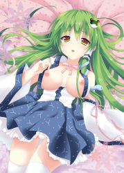 Rule 34 | 1girl, bad id, bad pixiv id, blush, breasts, choker, detached sleeves, female focus, frog hair ornament, green hair, hair ornament, hair tubes, kochiya sanae, large breasts, long hair, lying, nipples, no bra, on bed, open clothes, open mouth, open shirt, panties, pantyshot, shirt, skirt, snake hair ornament, solo, thighhighs, touhou, tsukiji, underwear, upskirt, white panties, white thighhighs, yellow eyes