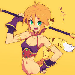 Rule 34 | 1girl, :d, animal ears, antenna hair, breasts, breath of fire, breath of fire ii, cleavage, collarbone, commentary request, fangs, fingerless gloves, gloves, green eyes, hair between eyes, holding, holding staff, looking at viewer, metata, navel, open mouth, orange hair, purple gloves, rinpoo chuan, short hair, simple background, smile, solo, staff, tail, teeth, yellow background