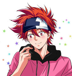 Rule 34 | 1boy, blush, closed mouth, hood, hood down, hoodie, kiyan reki, male focus, orange eyes, patterned background, red hair, sisido (black candy), sk8 the infinity, smile, solo, spiked hair, star (symbol), upper body, white background