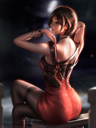 Rule 34 | 1girl, ada wong, adjusting strap, ass, bare shoulders, bench, bob cut, bracelet, breasts, brown hair, capcom, crossed legs, dress, closed eyes, from behind, highres, holster, jewelry, liang xing, necklace, pantyhose, pantylines, pixie cut, red dress, resident evil, resident evil 2, resident evil 2 (remake), short hair, shoulder holster, sitting, solo, thighband pantyhose, watch