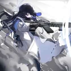 Rule 34 | 1girl, absurdres, ar-15, baseball cap, black footwear, black gloves, black hair, black mask, blue archive, blue hair, coat, commentary, foregrip, gloves, gun, halo, hat, highres, holding, holding gun, holding weapon, long hair, long sleeves, looking at viewer, mark jin, mask, mouth mask, multicolored hair, open clothes, open coat, rifle, saori (blue archive), smoke, solo, vertical foregrip, weapon, white coat