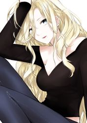 Rule 34 | 1girl, alternate costume, black pants, black shirt, blonde hair, blue eyes, blue pants, breasts, cleavage, collarbone, hair between eyes, hand in own hair, high-waist pants, highres, kantai collection, knees up, large breasts, long hair, long sleeves, looking at viewer, mole, mole under eye, mole under mouth, morinaga miki, no bra, pants, parted lips, red lips, richelieu (kancolle), shirt, sidelocks, simple background, sitting, smile, solo, very long hair, wavy hair, white background