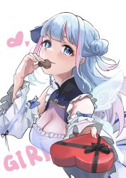 Rule 34 | 1girl, amanattou shigure, aoi sakura 3 (vtuber), black bow, blue bow, blue eyes, blue hair, bow, box, breasts, candy, chocolate, chocolate heart, cleavage, detached sleeves, eating, food, giving, gradient hair, hair bun, head tilt, heart, heart-shaped box, heart in eye, highres, holding, holding box, indie virtual youtuber, long hair, looking at viewer, medium breasts, multicolored hair, pink hair, simple background, solo, streaked hair, symbol in eye, three quarter view, two-tone hair, upper body, valentine, virtual youtuber, white background, white sleeves, wings