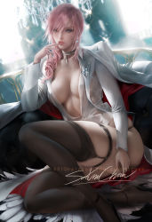 Rule 34 | 1girl, artist name, ass, black footwear, black panties, black thighhighs, blue eyes, blush, breasts, choker, coat, collarbone, covered erect nipples, cuff links, earrings, final fantasy, final fantasy xiii, finger to mouth, garter straps, glint, high heels, jacket, jacket on shoulders, jewelry, large breasts, light particles, lightning farron, long hair, long sleeves, looking at viewer, open clothes, open shirt, panties, parted lips, patreon username, pink hair, sakimichan, shirt, sidelocks, signature, silver, skindentation, solo, thigh strap, thighhighs, thighs, underwear, watermark, web address, white coat, white jacket, white shirt