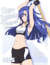 Rule 34 | 1girl, absurdres, arms up, bike shorts, black gloves, black shorts, black sports bra, blue hair, blunt ends, breasts, chuunioniika, cleavage, commentary, dated, english commentary, fingerless gloves, gloves, happy birthday, heart, highres, holding, holding sword, holding weapon, kazanari tsubasa, long hair, looking at viewer, looking to the side, midriff, navel, purple eyes, senki zesshou symphogear, shorts, side ponytail, small breasts, smile, solo, sports bra, sword, weapon, white background, white sports bra, wooden sword
