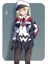 Rule 34 | 1girl, black gloves, black pantyhose, black skirt, blonde hair, border, capelet, feet out of frame, gloves, graf zeppelin (kancolle), hair between eyes, hat, highres, kantai collection, long hair, long sleeves, looking at viewer, military, military uniform, open mouth, pantyhose, peaked cap, pleated skirt, purple eyes, sebunsu, sidelocks, signature, skirt, solo, twintails, uniform, white border, white hat