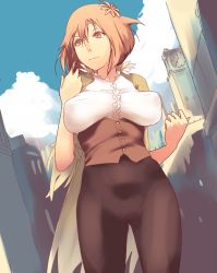 Rule 34 | 1girl, bad id, bad pixiv id, breasts, brown eyes, brown hair, cameltoe, day, huge breasts, niko (toitoi210), original, outdoors, pantyhose, solo