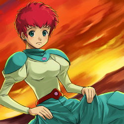 Rule 34 | 1girl, blouse, blue eyes, blue shirt, blush, cameltoe, clothes pull, cloud, coconna, dress, earrings, embarrassed, eyelashes, female focus, haruyama kazunori, jewelry, long sleeves, looking at viewer, lowres, multicolored clothes, pocket, presenting, puffy sleeves, red hair, shirt, short hair, skirt, skirt pull, sky, solo, soukou kihei votoms, sun, sunset, turtleneck