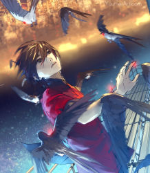 Rule 34 | 1boy, bird, black hair, blurry, blurry background, brown eyes, chinese clothes, city, dutch angle, highres, knite, looking up, male focus, night, sky, solo, star (sky), starry sky, swallowing, watermark, web address, yuumei