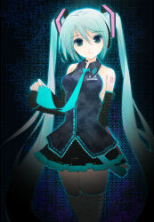 Rule 34 | 1girl, aqua eyes, aqua hair, bad id, bad pixiv id, binary, breasts, female focus, gradient background, hatsune miku, headphones, headset, highres, long hair, necktie, skirt, smile, solo, thighhighs, twintails, very long hair, vocaloid, yurikuta tsukumi, zettai ryouiki