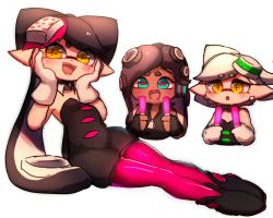 Rule 34 | + +, 3girls, :d, :o, ankle boots, aqua eyes, black footwear, black hair, black jumpsuit, blush, boots, callie (splatoon), cousins, dark-skinned female, dark skin, detached collar, earrings, food, food on head, full body, gloves, glowstick, hair rings, hands on own cheeks, hands on own face, hands up, headphones, highres, holding, horizontal pupils, inkling, jewelry, jumpsuit, long hair, marie (splatoon), marina (splatoon), mole, mole under eye, mole under mouth, multiple girls, nintendo, object on head, octoling, open mouth, orange eyes, pantyhose, pink legwear, pink pupils, pointy ears, short hair, short jumpsuit, silver hair, smile, splatoon (series), splatoon 2, strapless, suction cups, teeth, tentacle hair, white background, white gloves, wuju (1198979953)