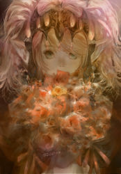 Rule 34 | 1girl, bouquet, covered mouth, faux traditional media, final fantasy, final fantasy xiv, flower, green eyes, headpiece, highres, holding, holding bouquet, lalafell, looking at viewer, medium hair, nanamo ul namo, pink hair, pointy ears, q6q6tikin, realistic, red flower, red rose, rose, signature, solo, straight-on, swept bangs, twintails, twitter username, upper body