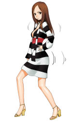 Rule 34 | 1girl, a1 (initial-g), brown eyes, brown hair, full body, high heels, looking at viewer, looking to the side, matching hair/eyes, motion lines, open shoes, original, shoes, simple background, solo, standing, striped, toes