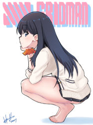 Rule 34 | 1girl, absurdres, bare legs, barefoot, black hair, black skirt, blue eyes, blush, cardigan, closed mouth, copyright name, from side, full body, gridman universe, highres, hori shin, long hair, long sleeves, looking at viewer, looking to the side, miniskirt, pleated skirt, profile, scrunchie, sideways glance, signature, skirt, solo, squatting, ssss.gridman, takarada rikka, white background, white cardigan, wrist scrunchie