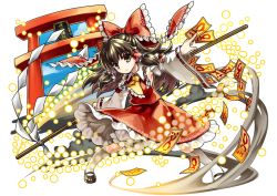 Rule 34 | 1girl, ascot, between fingers, brown eyes, brown hair, danmaku, detached sleeves, full body, gohei, hair ornament, hair ribbon, hair tubes, hakurei reimu, holding, japanese clothes, kneehighs, long hair, long sleeves, looking at viewer, mary janes, miko, ofuda, outstretched arms, ribbon, shirt, shoes, skirt, skirt set, socha, socks, solo, spell card, torii, touhou, white background, white socks, wide sleeves