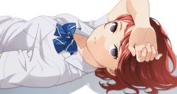 Rule 34 | 1girl, arm on own head, blouse, blue bow, blue bowtie, blurry, bow, bowtie, brown eyes, depth of field, looking at viewer, lying, mattaku mousuke, on back, original, parted lips, red hair, school uniform, shirt, simple background, solo, watermark, white background, white shirt