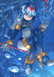 Rule 34 | 1girl, android, arm support, blue eyes, bodystocking, bodysuit, boots, bracelet, breasts, bubble, capcom, dragon, extra eyes, gloves, headgear, helmet, high heels, highres, ice, ice dragon, jewelry, crossed legs, fairy leviathan (mega man), looking at viewer, polearm, mega man (series), mega man zero (series), sitting, small breasts, smile, solo, spear, tesshii (riza4828), thigh boots, thighhighs, underwater, weapon, white gloves