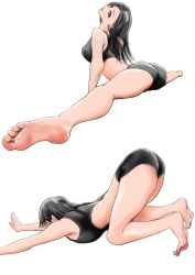 Rule 34 | 1girl, arched back, armpits, ass, bare legs, barefoot, black bra, black hair, black shorts, bra, breasts, brown eyes, exercising, feet, female focus, final fantasy, final fantasy vii, flexible, foot focus, from side, large breasts, lips, long hair, looking at viewer, midriff, multiple girls, parted lips, shiny skin, shorts, soles, solo, sports bra, sportswear, spread legs, square enix, stretching, thighs, tifa lockhart, toes, top-down bottom-up, underwear, uriens, white background, yoga