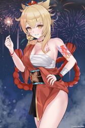 Rule 34 | 1girl, bandages, bare arms, black sash, blonde hair, breasts, brulee, chest sarashi, chest tattoo, choker, cleavage, commission, cowboy shot, fireworks, genshin impact, grin, highres, japanese clothes, kimono, long hair, looking at viewer, medium breasts, night, night sky, obi, orange kimono, outdoors, red choker, sarashi, sash, short kimono, short sleeves, single bare shoulder, sky, smile, solo, standing, tattoo, thighs, wrist wrap, yellow eyes, yoimiya (genshin impact)
