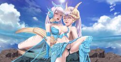 Rule 34 | 2girls, acier silva, armor, beach, black clover, black panties, breasts, cleavage, cleavage cutout, clothing cutout, crown, curvy, gloves, grey hair, highres, horns, large breasts, long hair, looking at viewer, mature female, mother and daughter, multiple girls, navel, noelle silva, outdoors, panties, ponytail, purple eyes, shiny skin, spread legs, stomach, the amazing gambit, thick thighs, thighhighs, thighs, thong, tongue, twintails, underwear