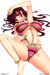 Rule 34 | 1girl, anklet, arm up, barefoot, bikini, blush, bracelet, breasts, brown hair, feet, highres, huge breasts, jewelry, koizumi amane, large breasts, long hair, looking at viewer, lying, o-ring, o-ring bikini, on back, purple eyes, scan, simple background, solo, swimsuit, underboob, watermark, web address, white background