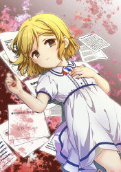Rule 34 | 1girl, blonde hair, blood, blood splatter, brown eyes, child, chiy (mochi punin), coin, dress, french flag, frown, grey background, hand on own chest, highres, higurashi no naku koro ni, holding, holding coin, looking at viewer, lying, mini flag, on back, paper, short hair, simple background, solo, tanashi miyoko, translation request, white dress