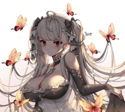 Rule 34 | 1girl, azur lane, bad id, bad pixiv id, bare shoulders, between breasts, black bow, black nails, blush, bow, breasts, bug, butterfly, cleavage, closed mouth, corset, detached collar, earrings, fingernails, formidable (azur lane), frills, hair bow, highres, insect, jewelry, large breasts, light smile, long fingernails, long hair, long sleeves, nail polish, red eyes, simple background, sleeves past wrists, solo, sparkle, tacco (tikeworld), twintails, upper body, very long hair, white background