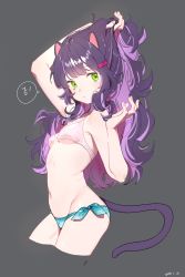 Rule 34 | 1girl, animal ears, aqua bikini, arm up, bad id, bad twitter id, bikini, breasts, cat ears, cat tail, contrapposto, cowboy shot, cropped legs, expressionless, from side, green eyes, grey background, hair lift, hair ornament, hairclip, highres, looking at viewer, navel, noooooong, original, outstretched hand, purple hair, simple background, small breasts, solo, swimsuit, tail, white bikini