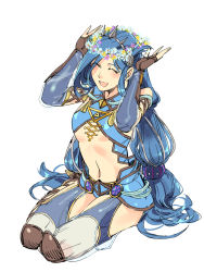 Rule 34 | 1girl, :d, ^ ^, armor, blue flower, blue hair, blue sleeves, blush, breasts, closed eyes, dana (ys), detached sleeves, falcom, faulds, flower, full body, garter straps, grey ribbon, hair ribbon, head wreath, highres, long hair, long sleeves, midriff, navel, open mouth, ribbon, ruukii drift, simple background, sitting, sketch, smile, solo, stomach, thighhighs, twintails, underboob, very long hair, wariza, white background, ys, ys viii lacrimosa of dana