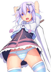 Rule 34 | 1girl, :o, absurdres, arms behind head, cowboy shot, crop top, d-pad, d-pad hair ornament, daiaru, dress, from below, groin, hair between eyes, hair ornament, highres, holding, holding sword, holding weapon, hood, hooded jacket, jacket, looking at viewer, neptune (neptunia), neptune (series), panties, pantyshot, purple eyes, purple hair, short hair, simple background, solo, striped clothes, striped panties, striped thighhighs, sword, teeth, thighhighs, tongue, tongue out, underwear, upper teeth only, upskirt, weapon, white background
