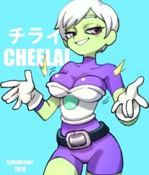 Rule 34 | 2019, absurdres, alien, artist name, belt, blue background, bodysuit, bouncing breasts, breasts, character name, cheelai, colo (nagrolaz), colored skin, dragon ball, dragon ball super, dragon ball super broly, gloves, green skin, grin, highres, looking at viewer, pink eyes, short hair, simple background, smile, white hair