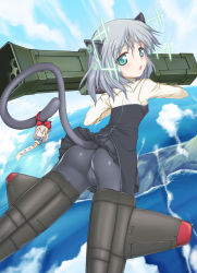 Rule 34 | 1girl, animal ears, aokihoshi, ass, black pantyhose, blush, cameltoe, cat ears, cat tail, character doll, cloud, crotch seam, doll, eila ilmatar juutilainen, green eyes, highres, hirschgeweih antennas, military, military uniform, pantyhose, ribbon, rocket launcher, sanya v. litvyak, short hair, silver hair, solo, strike witches, striker unit, tail, uniform, weapon, world witches series