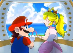 Rule 34 | 1boy, 1girl, blonde hair, blue eyes, blue sky, breasts, closed eyes, couple, crown, day, dress, face-to-face, facial hair, gloves, hat, height difference, hoshi (star-name2000), mario, mario (series), mustache, nintendo, overalls, pink dress, ponytail, princess peach, sidelocks, sky, smile, standing, super mario sunshine, water
