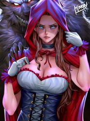 Rule 34 | 1boy, 1girl, big bad wolf, black choker, blue eyes, breasts, choker, claws, cleavage, corset, cowl, fangs, frilled gloves, frills, furry, gloves, glowing, glowing eyes, grey fur, hand on another&#039;s shoulder, hibren, holding hoodie, little red riding hood, little red riding hood (grimm), long hair, looking at viewer, medium breasts, multicolored clothes, no pupils, red cowl, saliva, shoulder grab, tagme, teeth