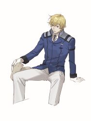 Rule 34 | 1boy, absurdres, animal, blonde hair, blue jacket, collared shirt, commentary request, gloves, graham aker, green eyes, grey cat, grey necktie, gundam, gundam 00, hair between eyes, highres, invisible chair, jacket, long sleeves, looking at another, male focus, nanao parakeet, necktie, open mouth, pants, petting, shirt, short hair, simple background, sitting, very short hair, white background, white gloves, white pants, white shirt