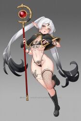 Rule 34 | alternate costume, arm tattoo, elf, flat chest, frieren, holding, holding staff, mikeymegamega, pointy ears, pubic tattoo, sousou no frieren, staff, tattoo