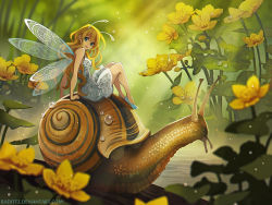 Rule 34 | 1girl, antennae, arm support, artist name, blue eyes, blue footwear, blurry, depth of field, dress, drop, elf, fairy, flower, grey dress, head tilt, highres, insect wings, knees up, light particles, lips, long hair, looking at viewer, looking back, mini person, minigirl, nature, no socks, outdoors, pointy ears, radittz, riding, shoes, sitting, sleeveless, sleeveless dress, slug, snail, solo, sunlight, very long hair, water drop, watermark, wavy hair, web address, wetland, wings