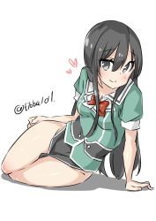 Rule 34 | 10s, 1girl, arm support, bad id, bad twitter id, between legs, black eyes, black hair, blush, bow, bowtie, breasts, chikuma (kancolle), closed mouth, collarbone, cowboy shot, ebifurya, eyebrows, groin, hair between eyes, heart, highres, inactive account, kantai collection, long hair, looking at viewer, medium breasts, no panties, pelvic curtain, red bow, red bowtie, shadow, short sleeves, sidelocks, simple background, sitting, smile, solo, thighs, twitter username, white background