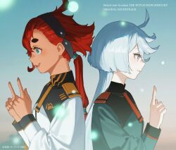 Rule 34 | 2girls, ahoge, album cover, asticassia school uniform, back-to-back, black hairband, blue eyes, cd (source), copyright name, cover, dark skin, english text, from side, gradient background, grey eyes, gundam, gundam suisei no majo, hair tubes, hairband, index finger raised, long hair, long sleeves, low ponytail, miorine rembran, mogumo, multiple girls, necktie, official art, open mouth, profile, red hair, red necktie, school uniform, short eyebrows, suletta mercury, thick eyebrows, upper body, white hair, yellow necktie