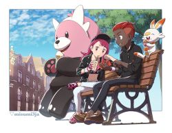 Rule 34 | 1boy, 1girl, alternate costume, bad id, bad twitter id, baseball cap, bench, bewear, black headwear, black jacket, black pants, black shirt, brown footwear, building, buttons, cloud, collared shirt, commentary request, creatures (company), cup, cupcake, dark-skinned male, dark skin, day, disposable cup, drinking, drinking straw, dynamax band, eyelashes, food, game freak, gen 4 pokemon, gen 7 pokemon, gen 8 pokemon, gloria (pokemon), hat, highres, holding, jacket, long hair, navel, nintendo, open mouth, outdoors, pants, pokemon, pokemon (creature), pokemon swsh, purple hair, red hair, rotom, rotom phone, sankaku, scorbunny, shirt, shoes, sitting, sky, sleeves rolled up, teeth, tree, undercut, victor (pokemon)