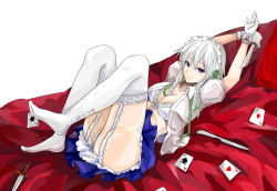 Rule 34 | 1girl, ace (playing card), bad id, bad pixiv id, blue eyes, bra, braid, breasts, card, cleavage, female focus, gloves, izayoi sakuya, knife, large breasts, lingerie, looking at viewer, lying, maid, maid headdress, on back, open clothes, open shirt, playing card, shirt, sindre, solo, thighhighs, throwing knife, touhou, twin braids, underwear, weapon, white gloves, white hair, white thighhighs