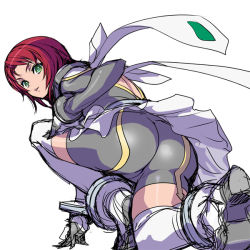Rule 34 | 00s, 1girl, akaga hirotaka, arm support, ass, back, bike shorts, boots, female focus, from behind, green eyes, juliet nao zhang, kneeling, lipstick, looking back, makeup, my-otome, red hair, ribbon, short hair, simple background, sketch, skin tight, skirt, solo, thigh boots, thighhighs, white thighhighs