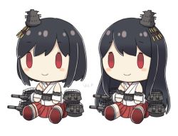 Rule 34 | black hair, cannon, character doll, commentary request, detached sleeves, fusou (kancolle), hair ornament, kantai collection, long hair, machinery, no humans, pleated skirt, red eyes, red skirt, short hair, simple background, skirt, turret, white background, yamashichi (mtseven), yamashiro (kancolle)